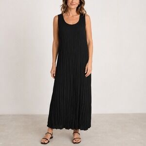 Babette Crinkle Tank Dress Womens M Black Pleated Maxi Minimalist Lagenlook Boho